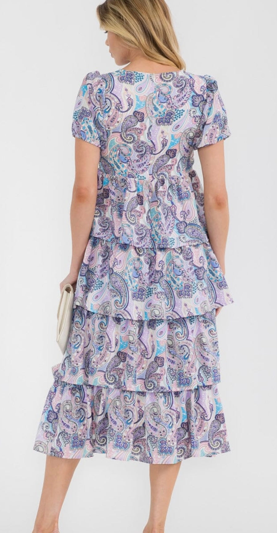 WOMEN'S SHORT PUFF SLEEVE TIERED PAISLEY PRINT MIDI DRESS