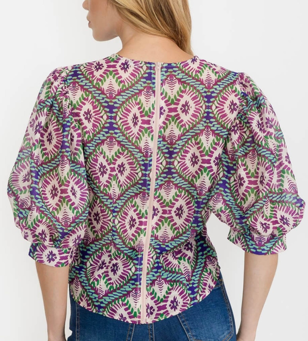 WOMEN'S SHORT PUFF SLEEVE ZIP UP MULTI PRINT BLOUSE