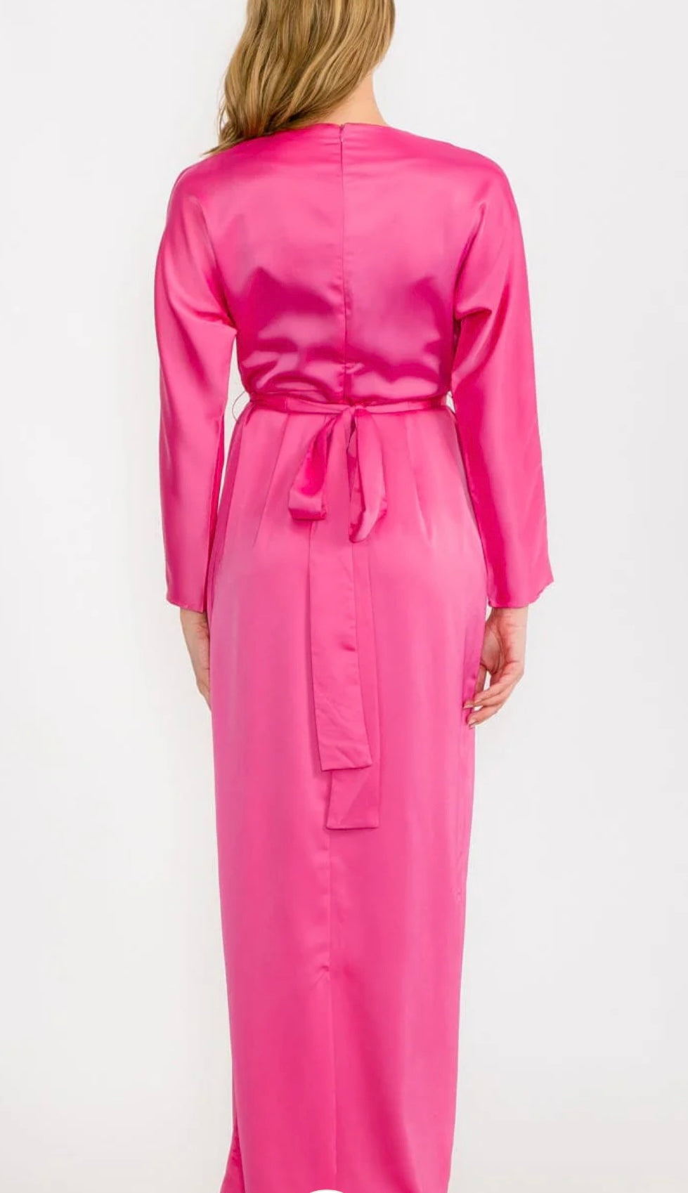WOMEN'S LONG SLEEVE SELF TIE SATIN MAXI DRESS