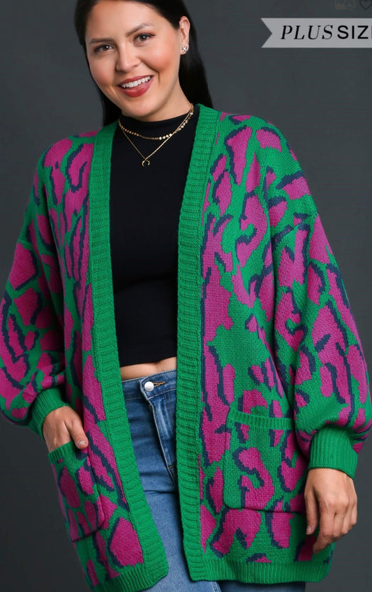 Plus Green/Purple Print Cardigan