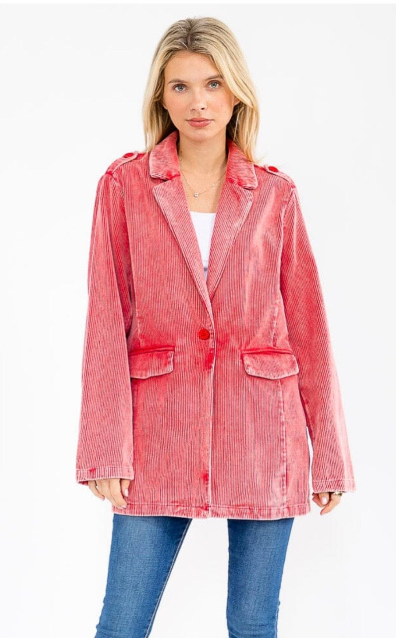Coral Corduroy Button Up Jacket