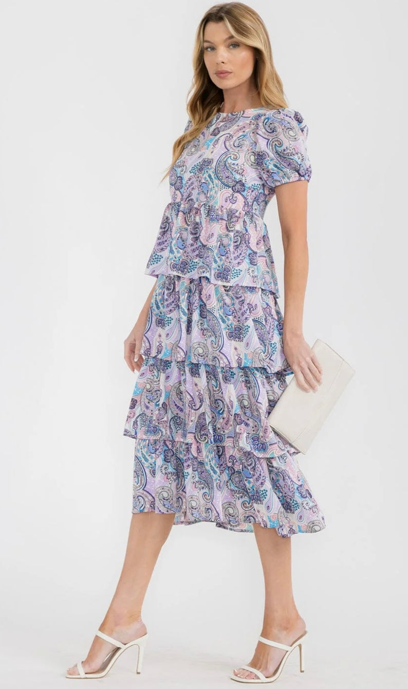 WOMEN'S SHORT PUFF SLEEVE TIERED PAISLEY PRINT MIDI DRESS