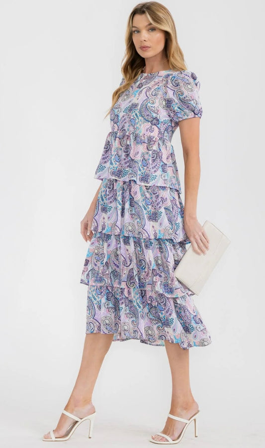 WOMEN'S SHORT PUFF SLEEVE TIERED PAISLEY PRINT MIDI DRESS