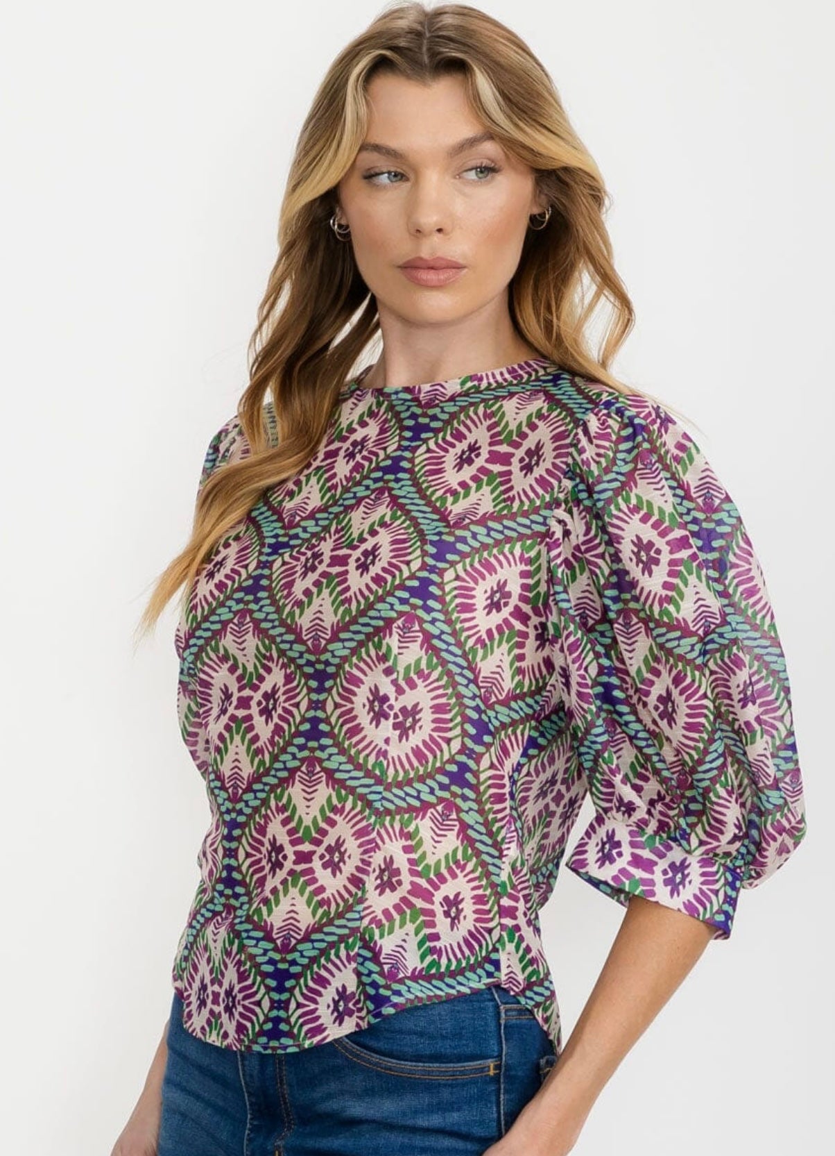 WOMEN'S SHORT PUFF SLEEVE ZIP UP MULTI PRINT BLOUSE