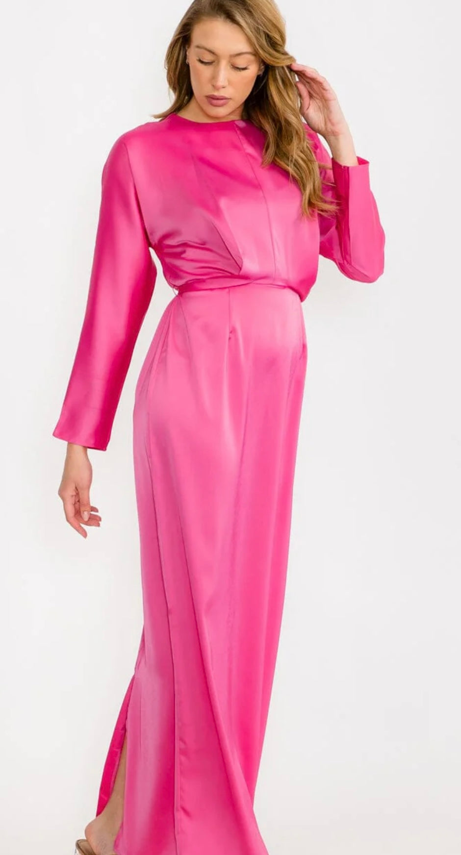 WOMEN'S LONG SLEEVE SELF TIE SATIN MAXI DRESS